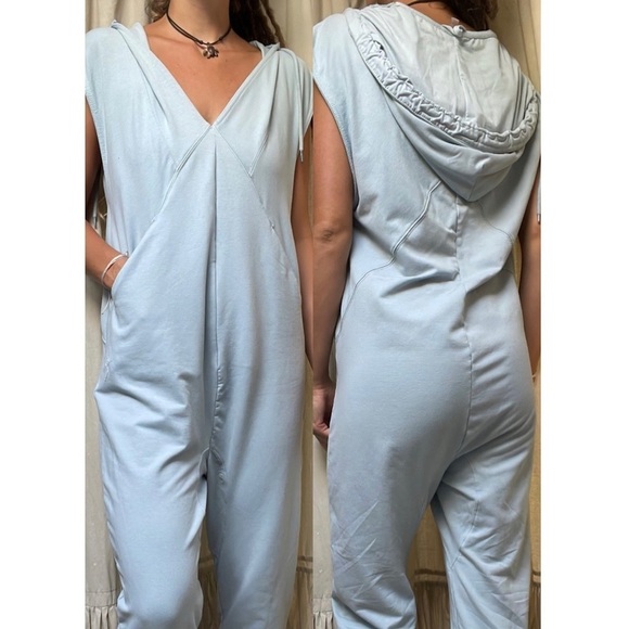 Free People Movement Nothing But Sweats Hooded Jumpsuit Pockets Blue S Oversized - Picture 11 of 12